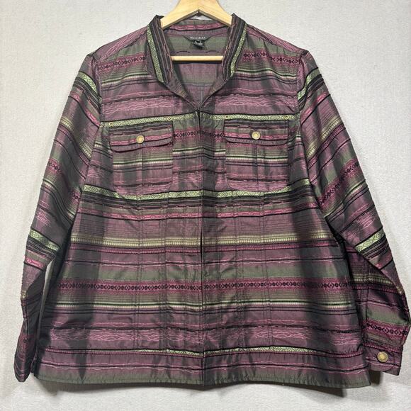 Multiples Womens Top Jacket 1X Plus Green Purple Striped Retro Statement - Picture 1 of 6